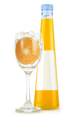 orange fruit and orange juice in bottle white glass and ice isolated on white background