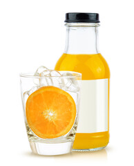 orange fruit and orange juice in bottle white glass and ice isolated on white background