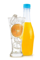 orange fruit and orange juice in bottle white glass and ice isolated on white background