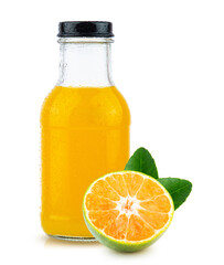 orange fruit and orange juice in bottle white glass and ice isolated on white background