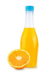 orange fruit and orange juice in bottle white glass and ice isolated on white background