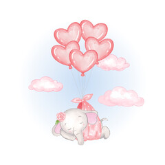 Cute baby elephant sleeping in the sky with heart shape balloon. Watercolor vector design