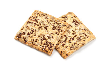 Crispy crackers with sesame and flax seeds, isolated on white background.