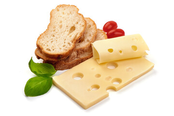 Maasdam cheese, isolated on white background.