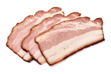 Pork brisket slices, smoked meat, isolated on white background.