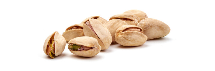 Pistachio nuts, isolated on white background. Close-up.