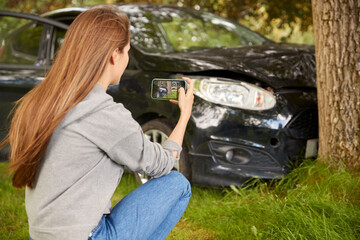 Fototapeta Woman Gets Out Of Smoking Car And Takes Photo Of Accident Damage On Mobile Phone obraz