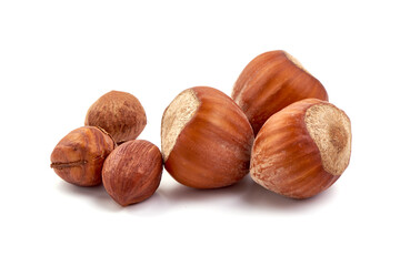 Hazelnuts, isolated on white background.