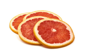 Fototapeta na wymiar Juicy red grapefruit slices, close-up, isolated on white background.