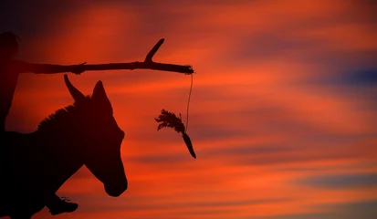 Tuinposter Carrot Stick Theory Concept With Donkey Silhouette. Sunset. The Carrot sign of a reward for moving and the Stick a punishment if the animal stop moving. Motivation and Inspiration Metaphor.  © MedRocky