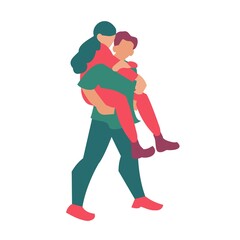 The guy carries the young girl on his back St Valentine card Flat vector illustration