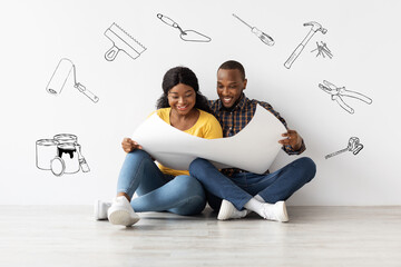 Home Renovation Plan. Excited Black Spouses Looking At Blueprints, Creative Collage