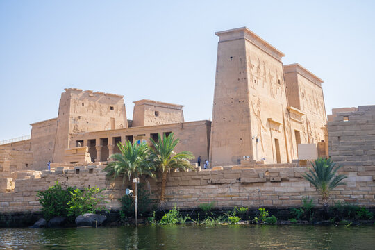 views of philae temple, full of hieroglyphics in aswan city.	