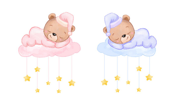 Cute Baby Bear Sleeping In The Cloud. Watercolor Style Vector