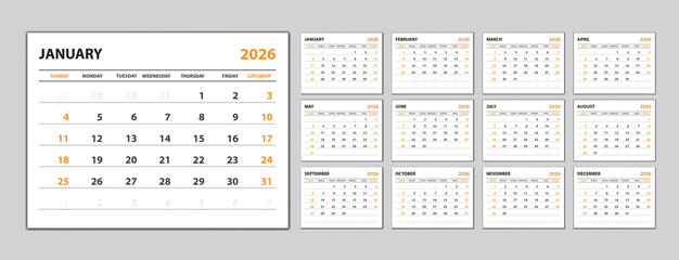 Calendar 2026 template, Monthly calendar template for 2026 year. Week starts on Monday. Desk Calendar 2026 template set, Planner simple, Wall calendar in a minimalist style,White and orange background