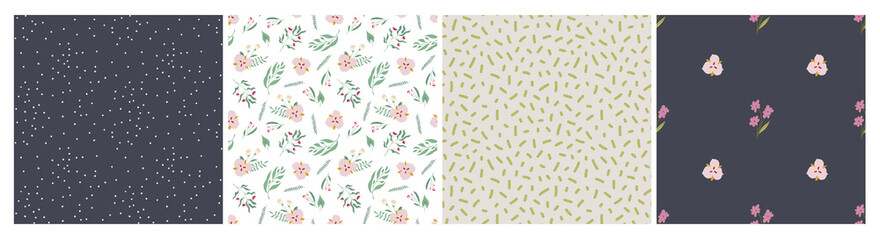 Collection of patterns with modern flat floral and doodle illustrations. Dark and light backgrounds. For prints, backgrounds, wrapping paper, textile, linen, wallpaper, etc.