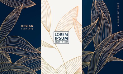 Set of vector collection design elements: labels, frames, wedding invitations, social net stories, packaging, luxury products, perfume, soap, wine, lotion. Golden leaves, art deco.