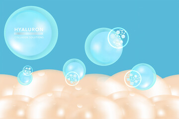 Hyaluronic acid skin solutions ad, blue collagen serum drops with cosmetic advertising background ready to use, illustration vector.