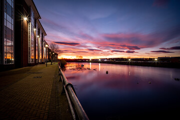 Sunset over the River Tees at Stockton-on-Tees, with Thornaby Place offices to the left, lenticular clouds in the sky