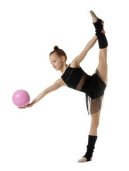 Cute little gymnast with ball doing standing split on white background