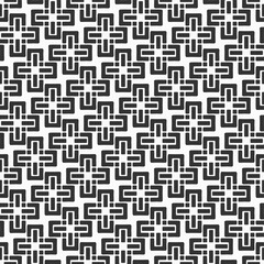 Abstract seamless vector cross tiles pattern. Geometric cross shapes ornament. Repeating tiles, filled shapes. Black and white vector background.