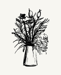 Vector hand drawn illustration of still life  with floral elements . Creative artwork. Template for card, poster, banner, print for t-shirt, pin, badge, patch.