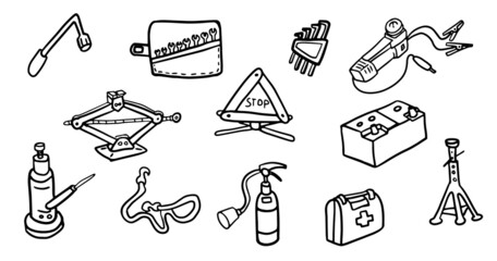 Car repair kit set in doodle style. Hand drawn isolated vector illustration.