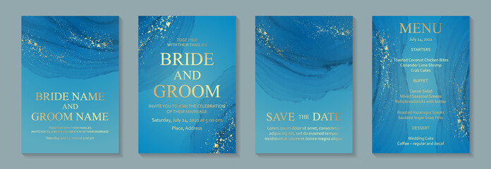 Modern watercolor background or elegant card design for birthday invite or wedding or menu with abstract blue ink waves and golden splashes.