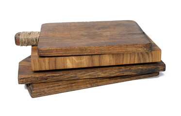 stack of empty rectangular wooden old kitchen cutting boards. White background