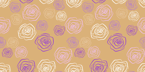 Spring Floral Seamless Patterns with packaging and scrapbooking. White, pink and violet line art Roses Flower on brown Background