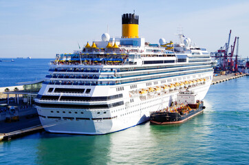 Costa cruiseship bunkering fueling and other cruise ship liners in port of Barcelona in Spain on...