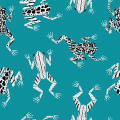 Poison Dart Frogs Vector Seamless Pattern. Cartoon geometric style