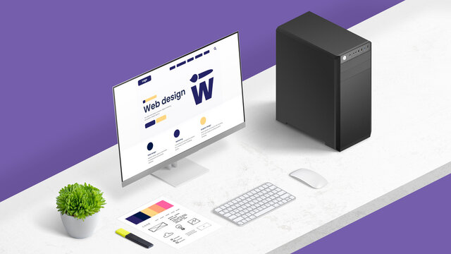 Web design studio concept with company page on computer display, and color palette on work desk. Isometric position
