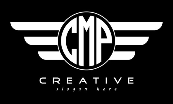 CMP three letter monogram type circle letter logo with wings vector template.