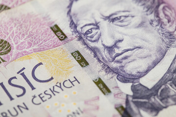 Czech banknotes and coins on the table.. business, finance, investment, saving and cash concept - close up of euro paper money and coins on table