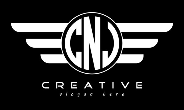 CNJ three letter monogram type circle letter logo with wings vector template.