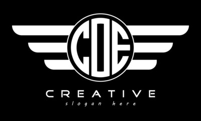 COE three letter monogram type circle letter logo with wings vector template. - obrazy, fototapety, plakaty