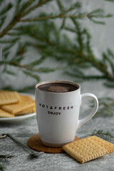Light ceramic mug with coffee framed by green spruce branches, next to a plate with cookies