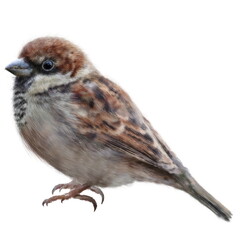 Cute portrait of tiny bird italian sparrow. Detailed illustration of cisalpine sparrow, passerine bird on white background. Best for greeting card, poster