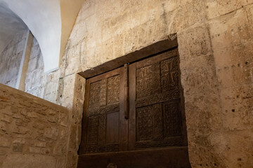 The side door from the Church of Nativity on the central Manager Square Street in Bethlehem in the...