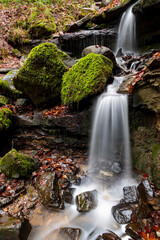 Fototapeta na wymiar Cascades “Heslacher Wasserfälle“ of a small creek with moss, wet rocks and brown foliage on a winter day in a forest near Stuttgart Vaihingen Germany with longtime exposure and blurred waterfalls.