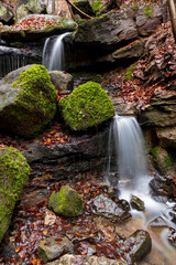 Fototapeta na wymiar Cascades “Heslacher Wasserfälle“ of a small creek with moss, wet rocks and brown foliage on a winter day in a forest near Stuttgart Vaihingen Germany with longtime exposure and blurred waterfalls.