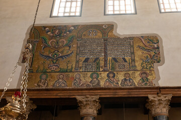 Partially preserved mosaic on the wall of the Church of Nativity in Bethlehem in the Palestinian...