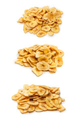 Banana chips isolated on a white background. Dehydrated banana.