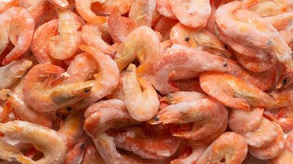 Fresh shrimps in ice. Top view.