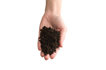 Brown soil in woman hands isolated on white.