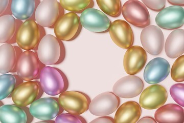 3d render of pastel colored Easter eggs wreath on a pink background