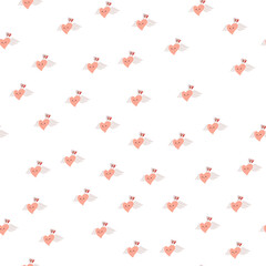 Vector seamless pattern with small red hearts on white backdrop. Valentines day background. Abstract geometric texture, repeat tiles. Love romantic theme. Minimal design for decor, textile, gift paper