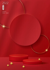 Chinese new year poster for product demonstration. Red pedestal or podium with pearls on red background. Translation: first January.