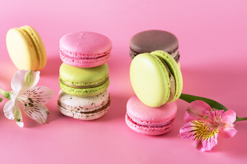 Colored Macarons Modern French Delicate Dessert Lemon Pistachio Strawberry Vanilla Macarons Flowers